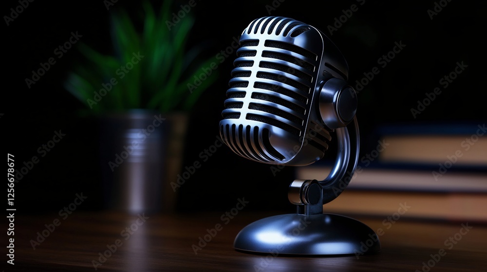 Vintage Silver Microphone On Dark Wooden Table With Green Plant