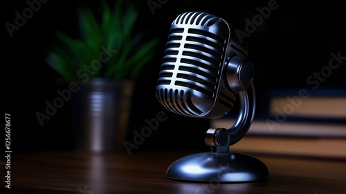 Obraz na płótnie Vintage Silver Microphone On Dark Wooden Table With Green Plant w salonie