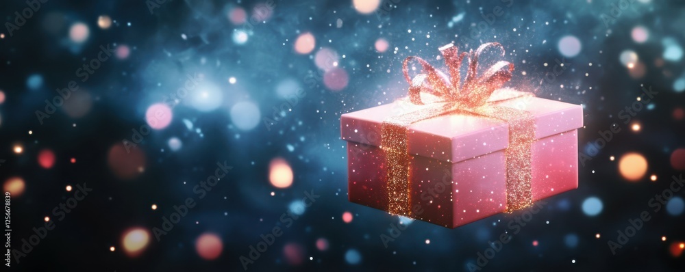 Sparkling pink gift box with glitter ribbon amidst festive bokeh lights