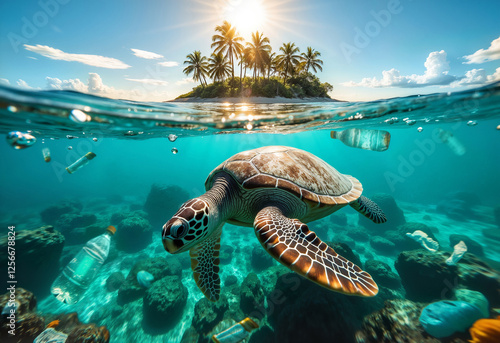 A massive turtle glides through the turquoise ocean nearby the tropical island  with  plastic bottles, bags, and other garbage  polluting the once-pristine waters.