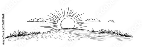 sunrise over hill with clouds doodle sketch black vector
