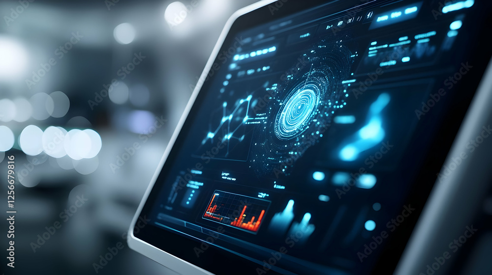 Close-up of a futuristic touchscreen interface with data visualization and analytics for tech enthusiasts. Close-up of a futuristic touchscreen interface with data visualization and analytics for tech enthusiasts.