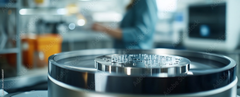 Close-up of a metallic disc with multiple small holes on a rotating machine in a laboratory setting, with a blurred scientist in the background. Close-up of a metallic disc with multiple small holes on a rotating machine in a laboratory setting, with a blurred scientist in the background.