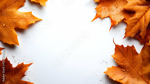 Close-up of vibrant orange autumn leaves with water droplets, perfect for fall themed designs or backgrounds. photo