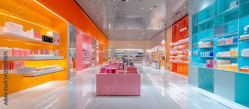 Modern retail space showcasing vibrant beauty products on shelves with bright colors