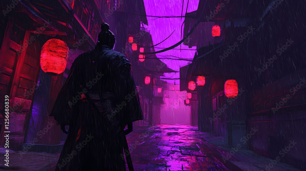 Cyberpunk samurai warrior in neon-lit rainy alley, holographic projections, dramatic lighting, manga-inspired digital art. Neon Samurai. Illustration Cyberpunk samurai warrior in neon-lit rainy alley, holographic projections, dramatic lighting, manga-inspired digital art. Neon Samurai. Illustration