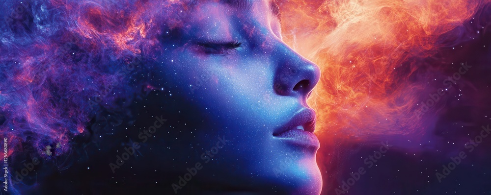 Female portrait in cosmic light with vibrant purple and orange nebulae Female portrait in cosmic light with vibrant purple and orange nebulae