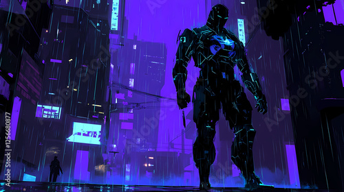 Cyborg samurai in translucent holographic armor, standing in rain-slicked streets bathed in purple and teal neon, cyberpunk cityscape backdrop. Neon Samurai. Illustration photo