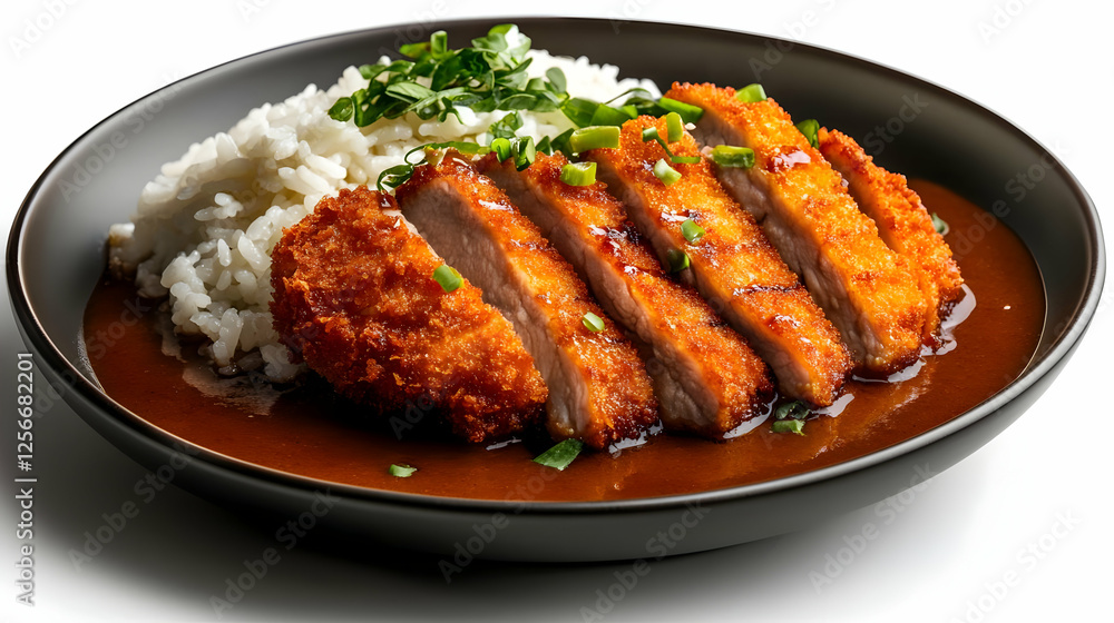 Delicious crispy chicken cutlet served with rice and rich sauce, garnished with fresh herbs. Delicious crispy chicken cutlet served with rice and rich sauce, garnished with fresh herbs.