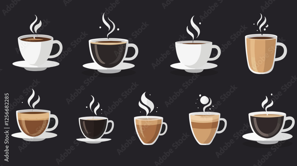 Coffee Delights: A captivating visual array showcases an assortment of aromatic coffee cups, steaming gently against a dark backdrop, inviting warmth and comfort. Coffee Delights: A captivating visual array showcases an assortment of aromatic coffee cups, steaming gently against a dark backdrop, inviting warmth and comfort.