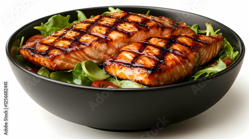 Delicious grilled salmon fillet served on a bed of fresh greens, perfect for a nutritious meal or healthy lifestyle. photo