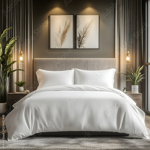 Elegant White Bedding Set Mockup with Plants and Wall Decor