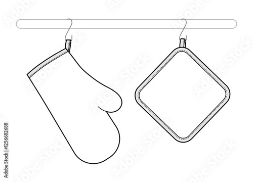 Oven Gloves mitt and potholder hanging on rack kitchen flat hand accessory clothing technical illustration garment. Vector for Men, women, unisex style template CAD mockup outline on white background