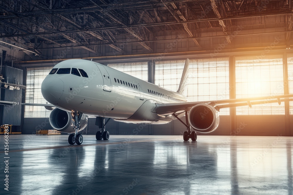 Modern airplane parked inside a spacious hangar during the golden hour with sunlight streaming through large windows. Generative AI Modern airplane parked inside a spacious hangar during the golden hour with sunlight streaming through large windows. Generative AI
