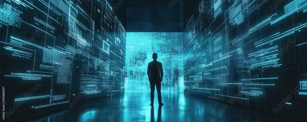 Silhouette of male in futuristic digital corridor with blue light Silhouette of male in futuristic digital corridor with blue light