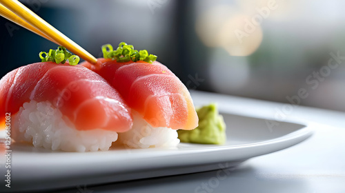 Delicious sushi rolls on a plate, topped with fresh fish and garnished with green onions and wasabi. photo