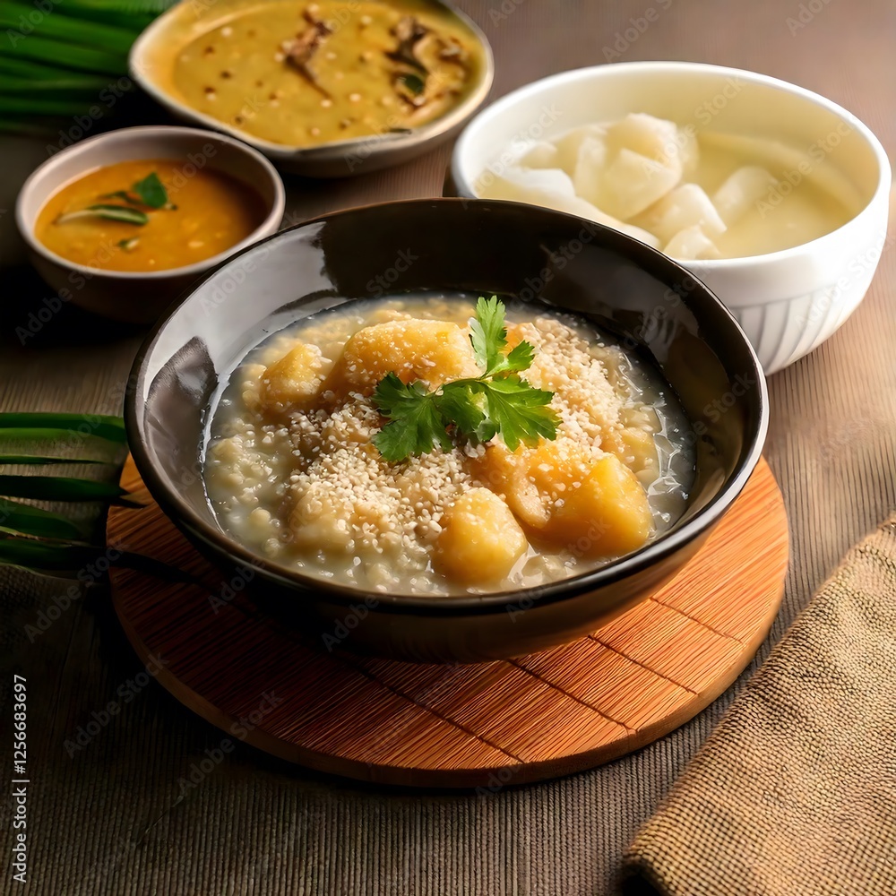 A traditional dish of ambuyat, Brunei’s starchy and sticky sago-based delicacy, eaten with a bamboo fork and dipped into a variety of flavorful sauces. A unique cultural dish. A traditional dish of ambuyat, Brunei’s starchy and sticky sago-based delicacy, eaten with a bamboo fork and dipped into a variety of flavorful sauces. A unique cultural dish.