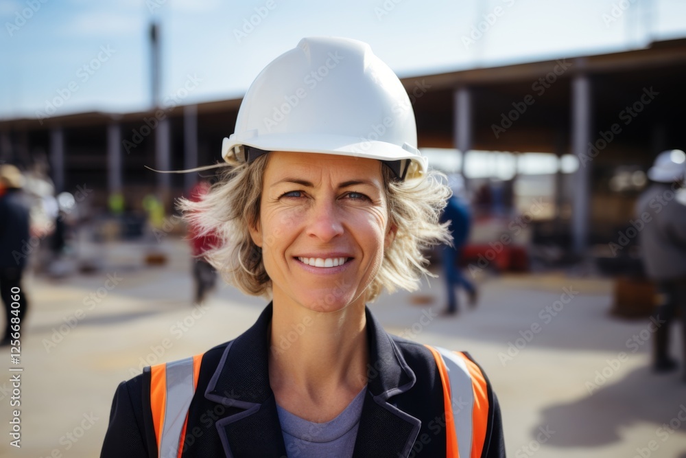 Smiling portrait of a middle aged female businesswoman on construction site Smiling portrait of a middle aged female businesswoman on construction site