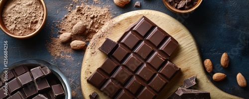 Rich dark chocolate bar with almonds and cocoa on rustic wooden board