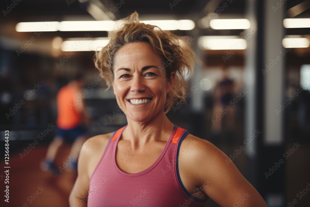 Smiling portrait of a middle aged slightly overweight woman in gym