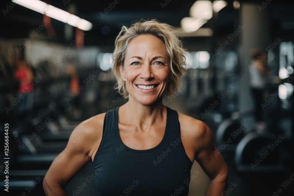 Fototapeta premium Smiling portrait of a middle aged slightly overweight woman in gym