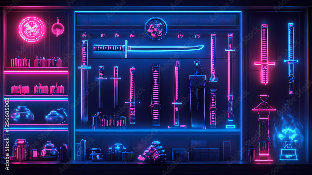 Fototapeta premium Cyber samurai city neon katana shops. neon district. illustration. Neon Samurai. Illustration