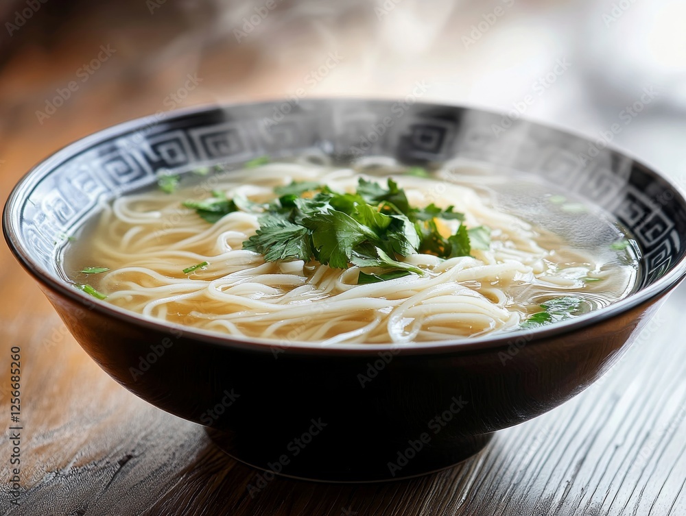 Rice noodle soup in a bowl. Featuring a steaming bowl of rice noodle soup. Highlighting the comfort and flavor of traditional Asian cuisine. Ideal for culinary and comfort food visuals. Rice noodle soup in a bowl. Featuring a steaming bowl of rice noodle soup. Highlighting the comfort and flavor of traditional Asian cuisine. Ideal for culinary and comfort food visuals.