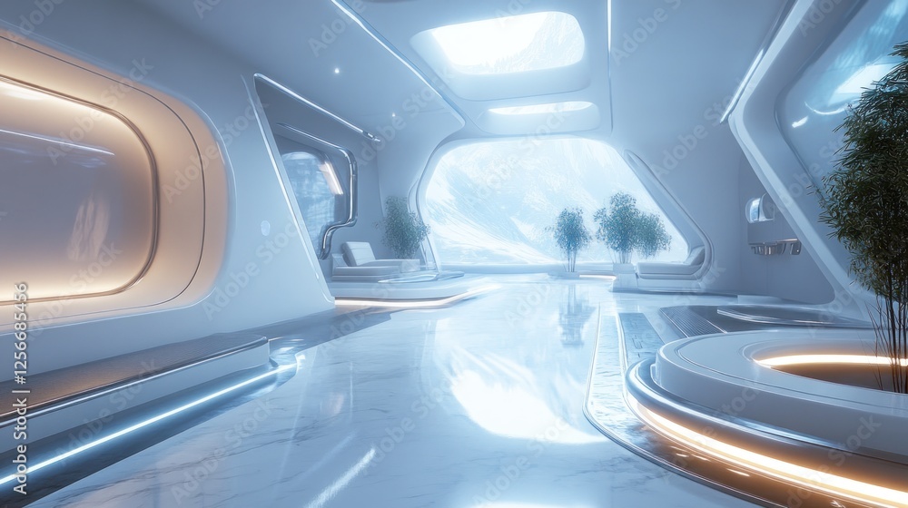 Futuristic lounge spaceship interior, mountain view, relaxation Futuristic lounge spaceship interior, mountain view, relaxation