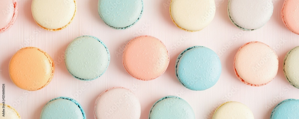 Colorful pastel macarons on pink background displayed in rows Colorful pastel macarons on pink background displayed in rows
