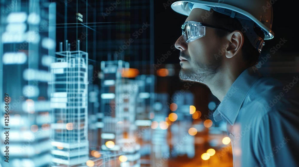 A dedicated engineer wearing safety gear studies futuristic digital holograms of buildings in a high-tech environment, focusing on innovation. AI generated. A dedicated engineer wearing safety gear studies futuristic digital holograms of buildings in a high-tech environment, focusing on innovation. AI generated.