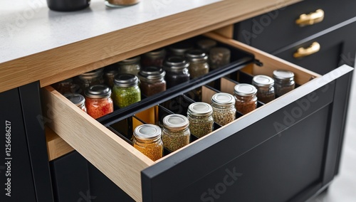 Fototapeta Naklejka Na Ścianę i Meble -  Organized spice jars in a kitchen drawer with a divider.