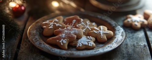 Festive gingerbread cookies decorated with icing on a rustic plate with holiday lights