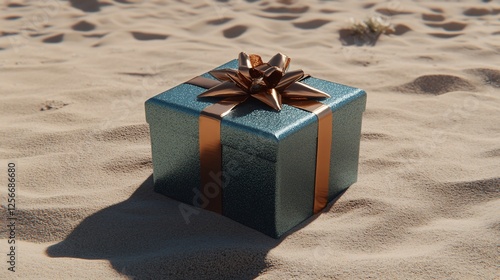 Teal gift box with copper ribbon bow sits on sandy beach.