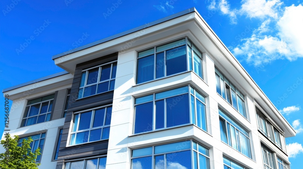 Modern architectural building with large windows urban environment real estate photography bright sky Modern architectural building with large windows urban environment real estate photography bright sky