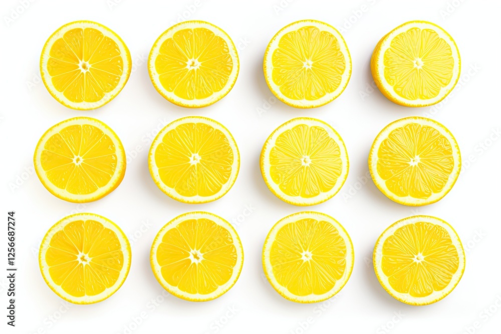Row of lemon slices isolated on white with depth of field Row of lemon slices isolated on white with depth of field