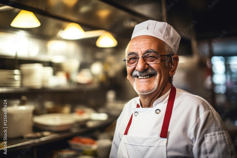 Smiling portrait of a senior male chef in commercial kitchen Smiling portrait of a senior male chef in commercial kitchen