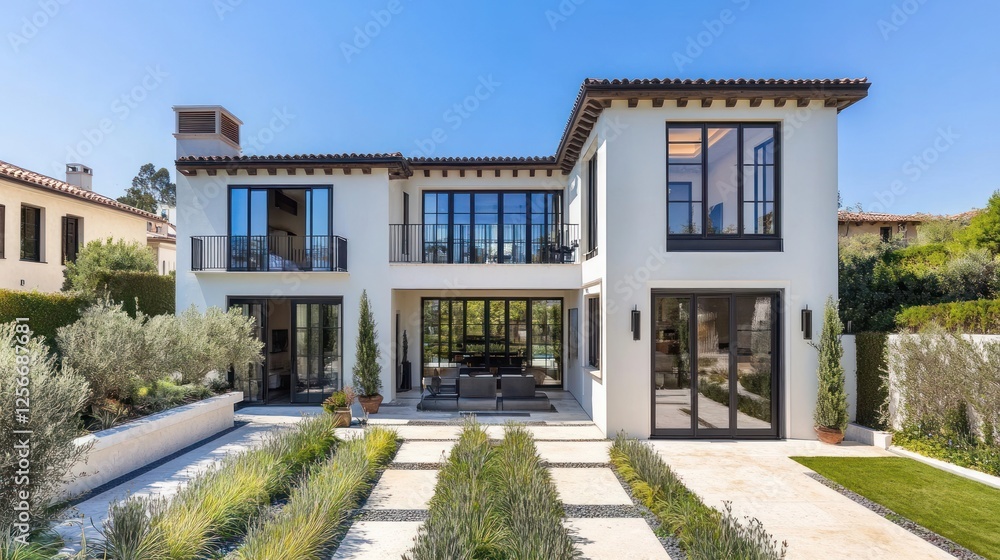 Modern house, backyard garden, sunny day, California, real estate Modern house, backyard garden, sunny day, California, real estate