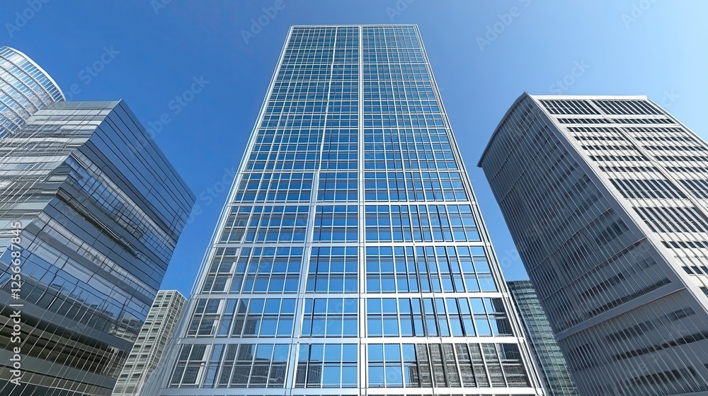 Modern skyscrapers reaching for the sky in urban city architectural photography clear blue sky vertical view Modern skyscrapers reaching for the sky in urban city architectural photography clear blue sky vertical view