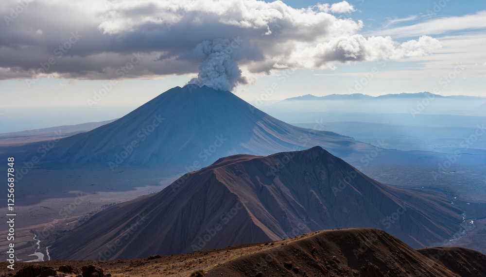 Fototapeta premium Volcanic eruption with smoke rising against a scenic mountain backdrop
