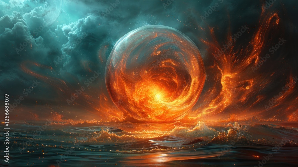 Fiery Orb over a Dark Ocean: A Digital Painting of a Fantastical Scene Fiery Orb over a Dark Ocean: A Digital Painting of a Fantastical Scene