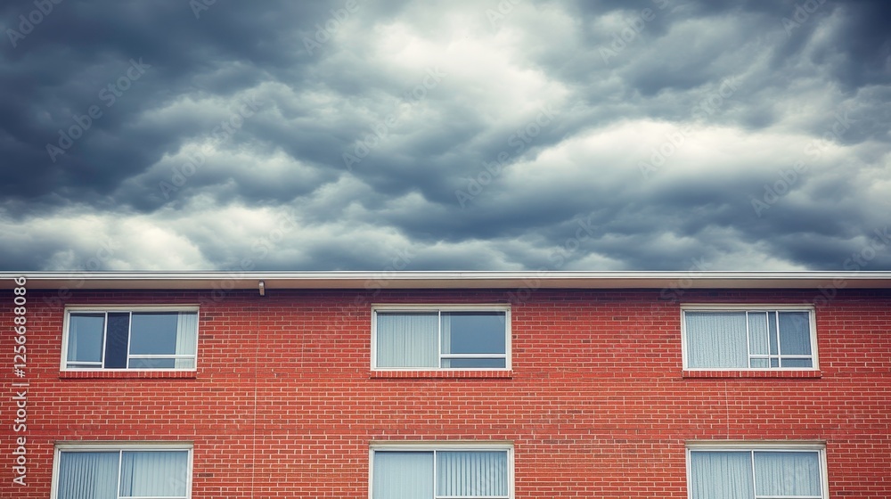 Approaching storm clouds over apartment building urban setting photography dramatic atmosphere wide angle view