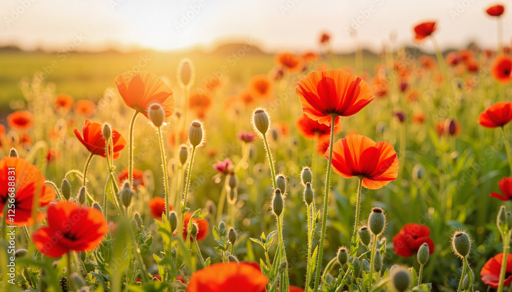 Naklejka premium Vibrant red poppy flowers blooming in golden sunlight