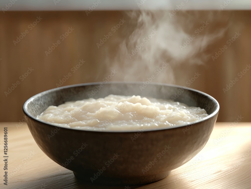 Rice porridge in a bowl. Featuring a steaming bowl of rice porridge. Highlighting comfort and nourishment. Ideal for culinary and comfort food visuals. Rice porridge in a bowl. Featuring a steaming bowl of rice porridge. Highlighting comfort and nourishment. Ideal for culinary and comfort food visuals.