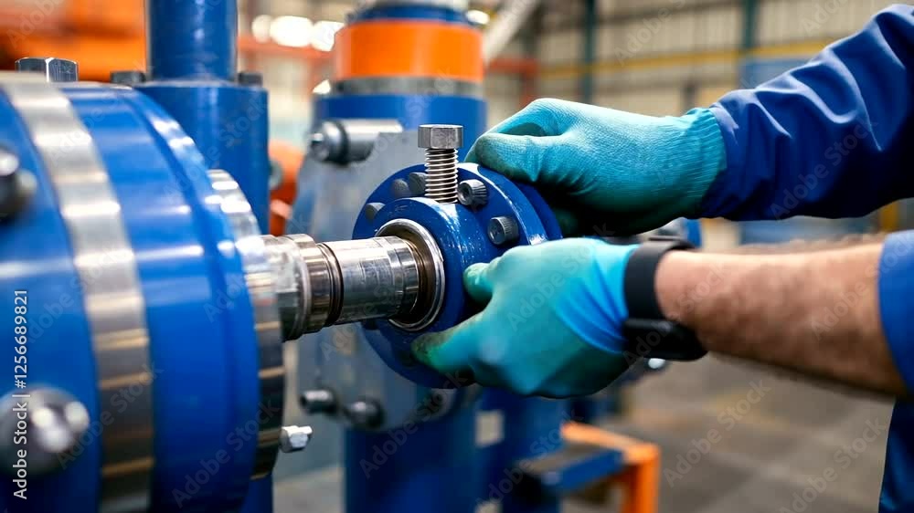 Technician adjusting machinery components in an industrial setting with tools Technician adjusting machinery components in an industrial setting with tools