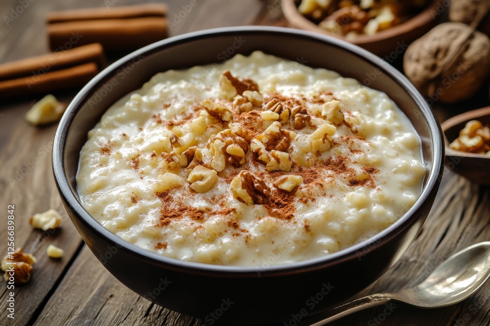 Rice pudding in a bowl. Featuring a bowl of creamy rice pudding. Highlighting comforting and sweet dessert. Ideal for culinary and dessert visuals. Rice pudding in a bowl. Featuring a bowl of creamy rice pudding. Highlighting comforting and sweet dessert. Ideal for culinary and dessert visuals.