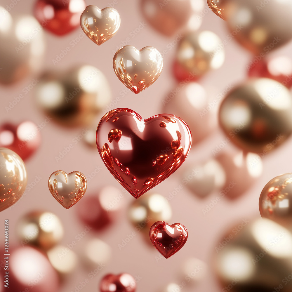 Floating Metallic Hearts. 3D Floating Metallic Hearts in Gold and Rose Gold Floating Metallic Hearts. 3D Floating Metallic Hearts in Gold and Rose Gold