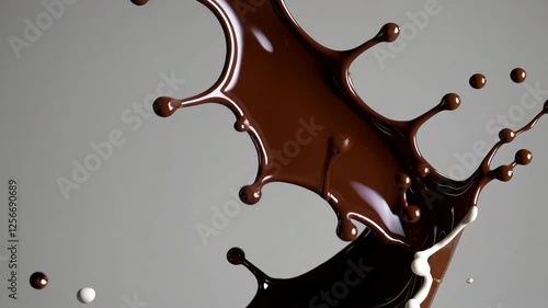 Splash of milk chocolate against gray background, motion freeze. Gourmet dessert and indulgence concept