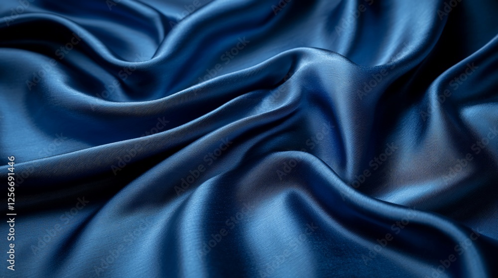 Fototapeta premium Deep blue satin fabric drapes in elegant folds.