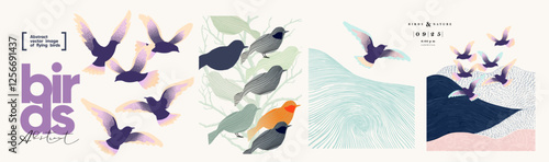 Birds. Vector abstract modern illustrations of birds in flight and sitting on tree for poster, flyer, brochure, cover or background