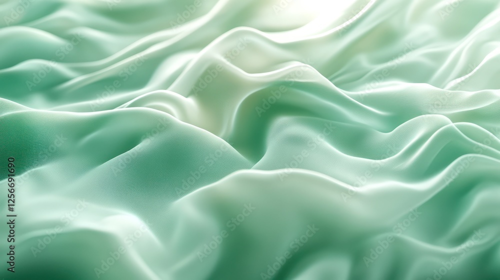 Fototapeta premium Teal silk fabric waves, light background, texture